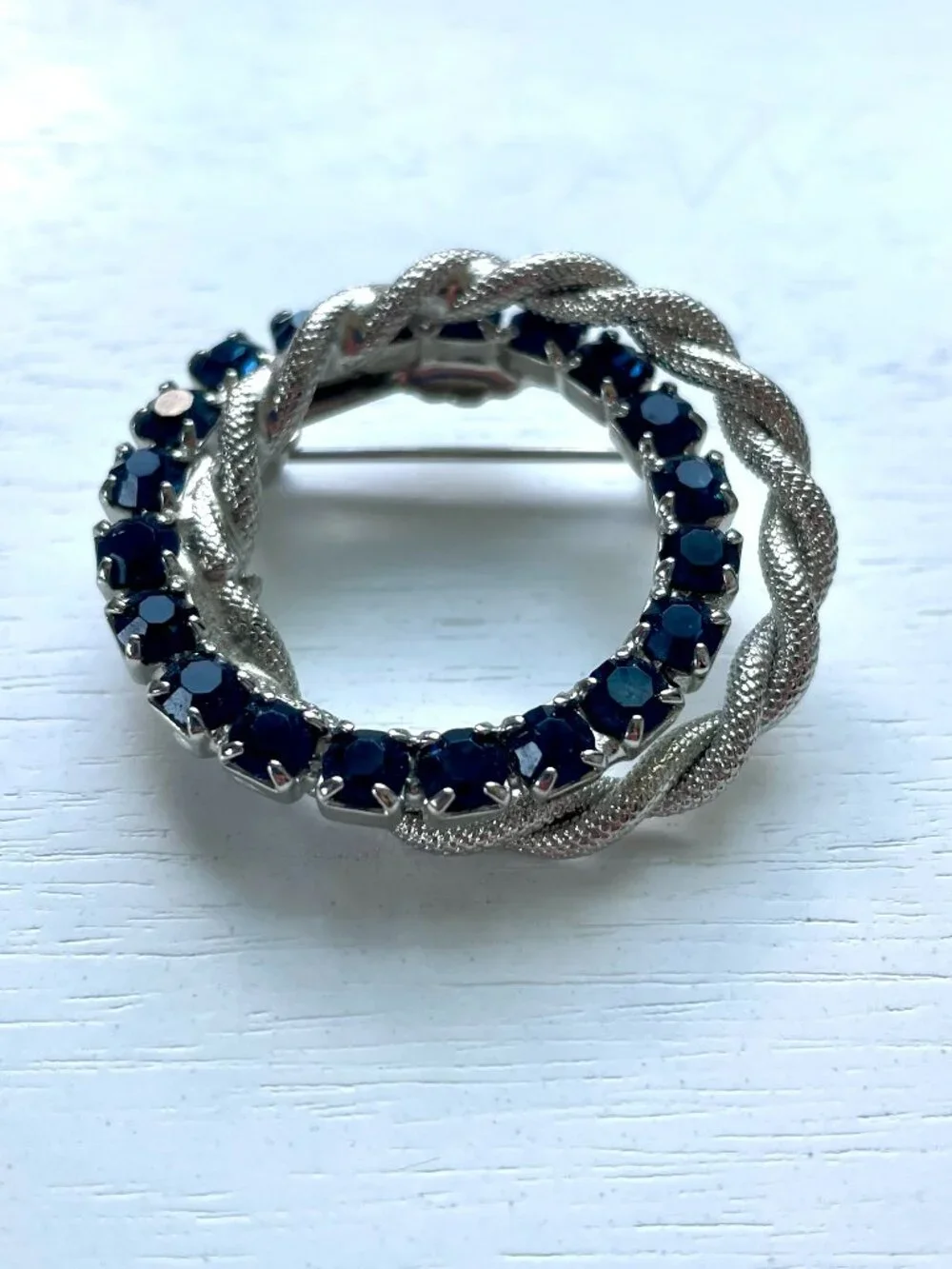 Vintage Double Circle Silver-Tone & Blue Rhinestone Brooch
